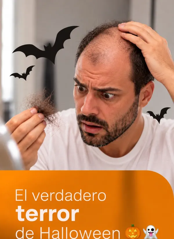 Paciente preocupado por la caída del pelo, promo de injerto capilar de Halloween